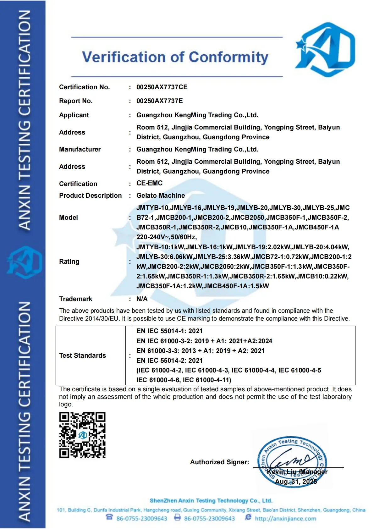 gelato machine ce certificate