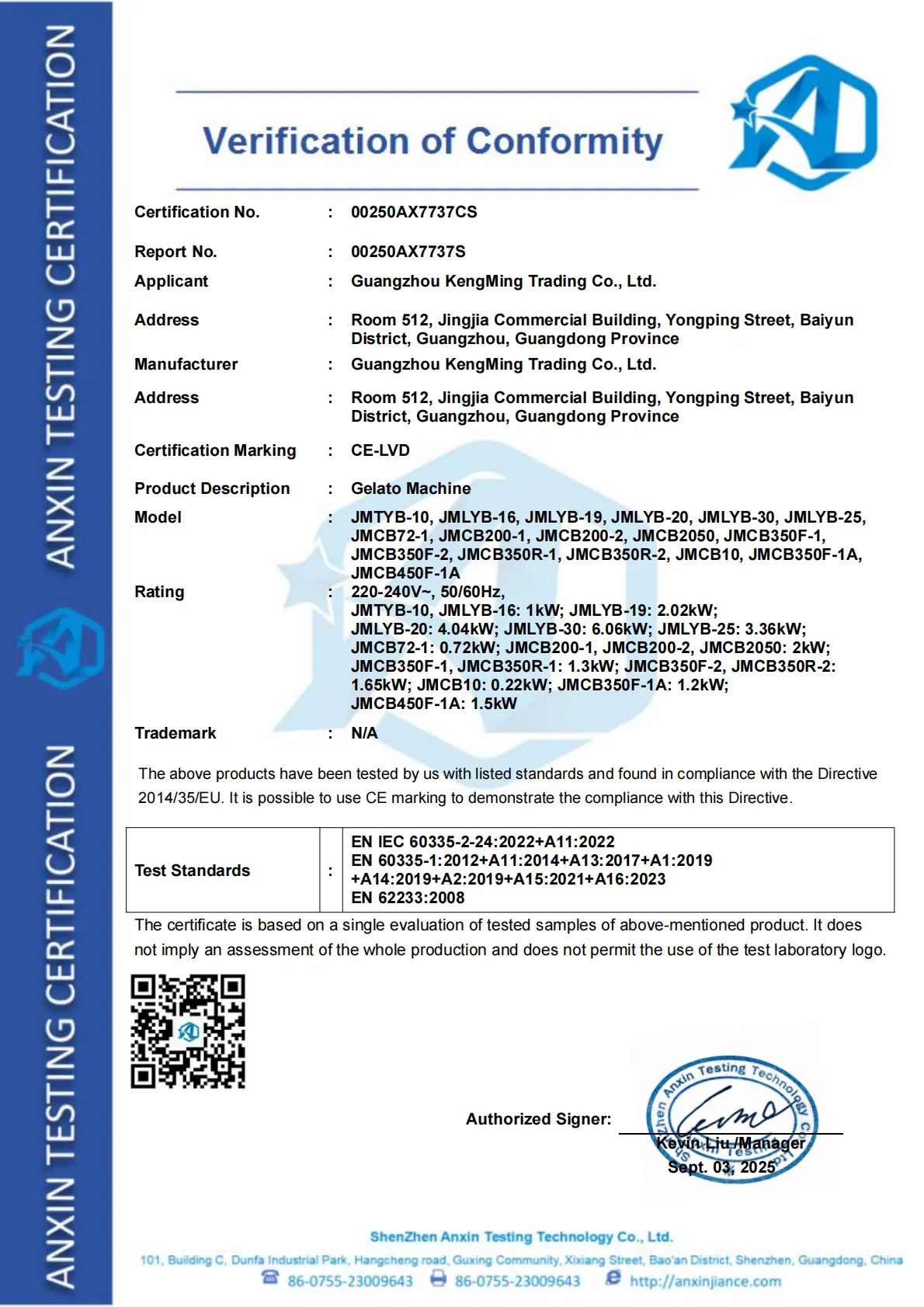 gelato machine ce certificate