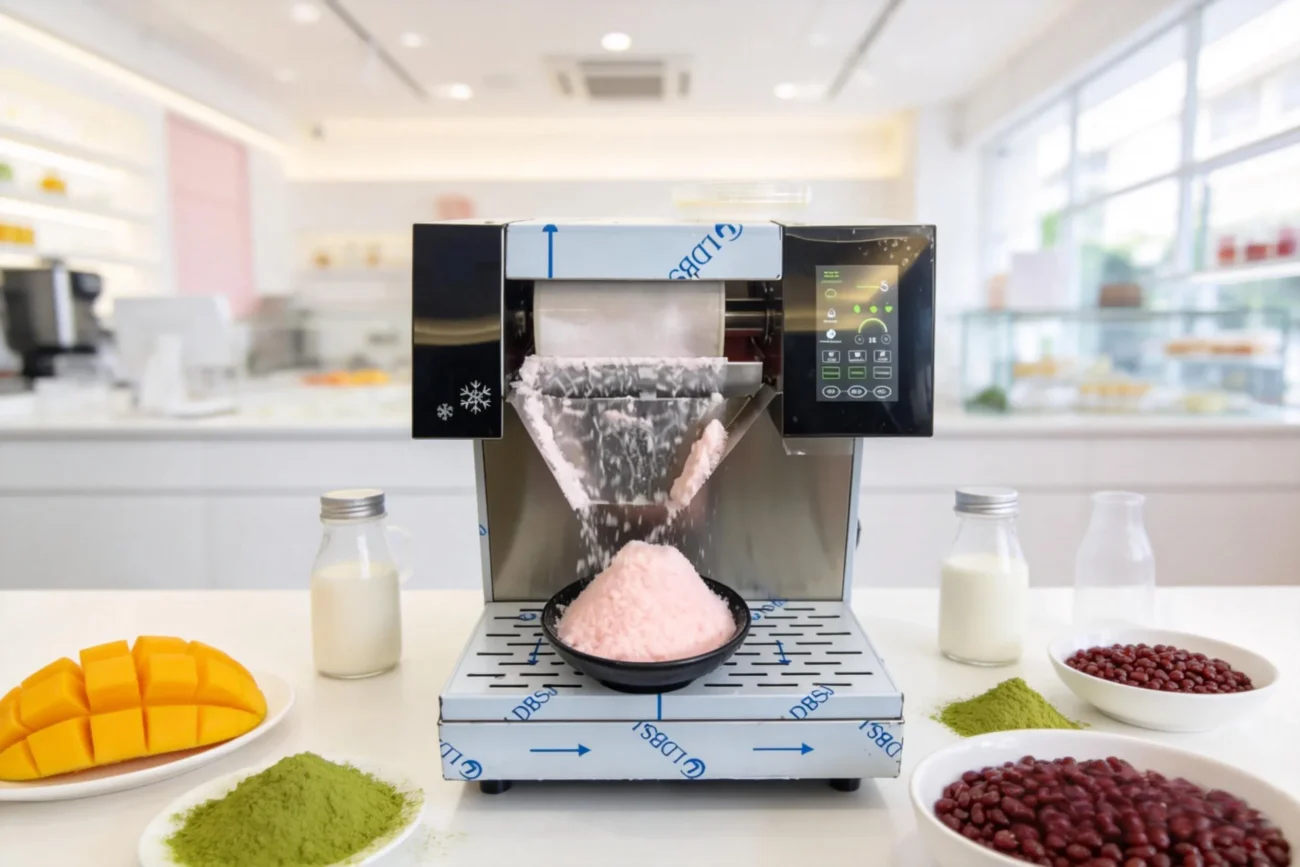 Colorful tropical mango snow ice bowl made with a professional Bingsu machine.