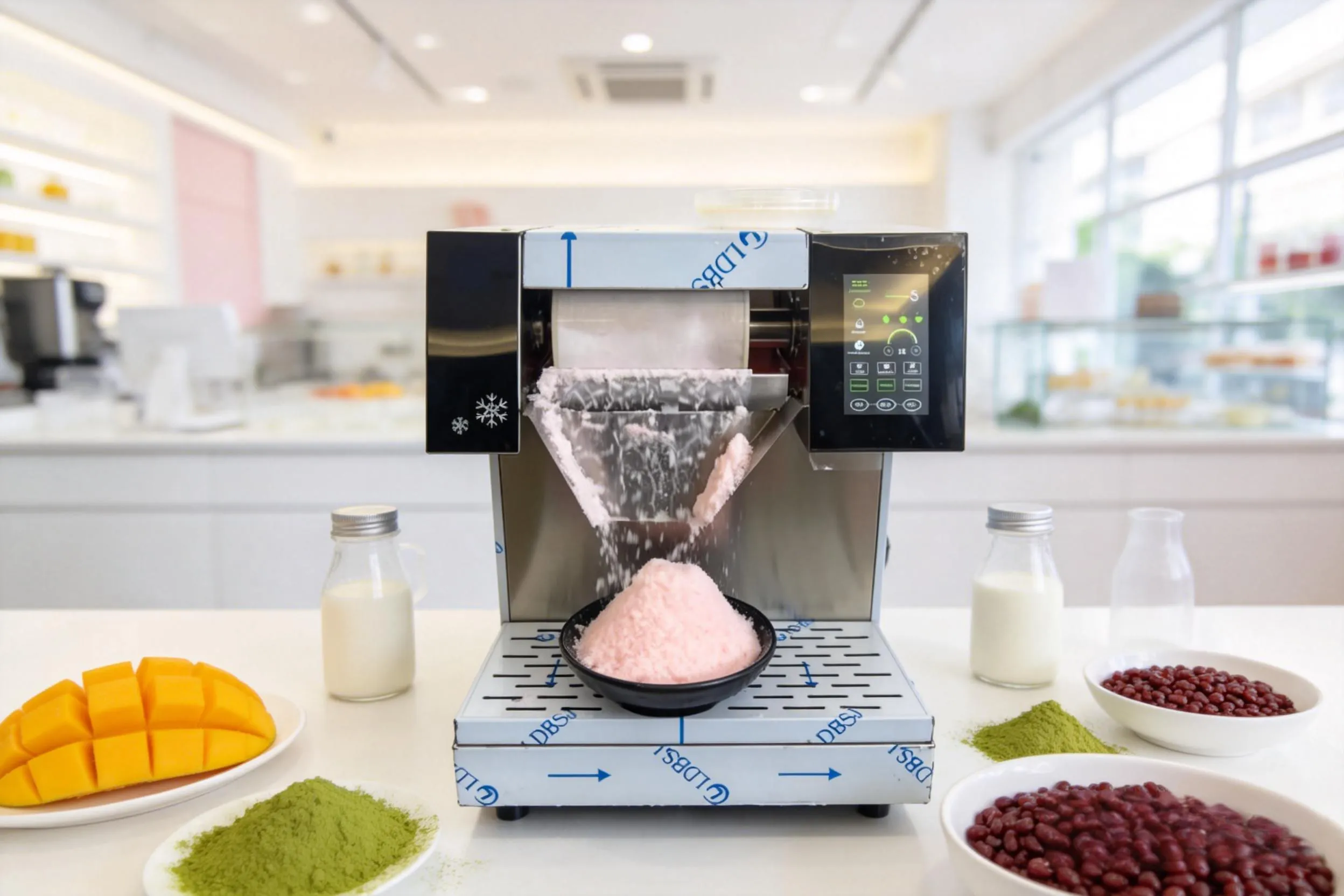 Colorful tropical mango snow ice bowl made with a professional Bingsu machine.